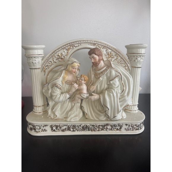Other - Vintage Holy Family Nativity Ceramic Double Taper Candle Holder Cream Gold